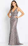 V-neck Sheath Natural Waistline Glittering Fitted Belted Beaded Back Zipper V Back Sleeveless Lace Floor Length Sheath Dress with a Brush/Sweep Train