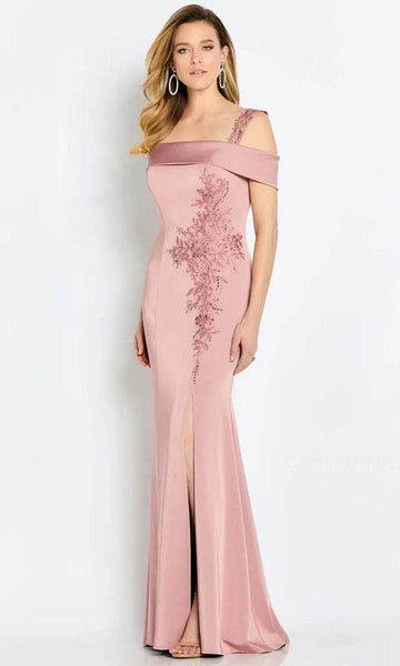 Open-Back Applique Slit Fitted Back Zipper Beaded Cold Shoulder Sleeves Off the Shoulder Floor Length Sheath Natural Waistline Straight Neck Sheath Dress