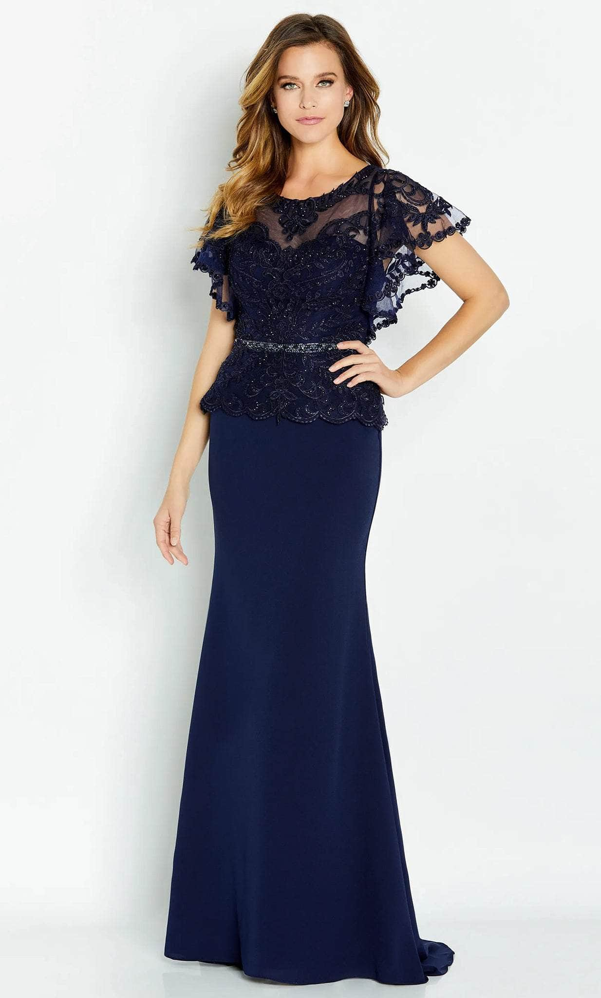 Cameron Blake CB131 - Short Sleeve Beaded Lace Prom Gown
