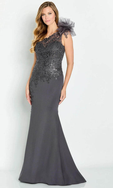 Sophisticated Fall One Shoulder Sleeveless Embroidered Back Zipper Fitted Beaded Sequined Applique Asymmetric Natural Waistline Mermaid Evening Dress with a Brush/Sweep Train With a Bow(s)