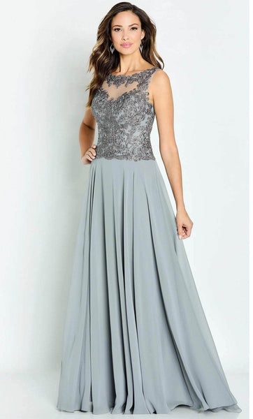 Tall A-line Flutter Sleeves Sleeveless Bateau Neck Embroidered Illusion Dropped Waistline Evening Dress with a Brush/Sweep Train With Rhinestones