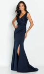 V-neck Sleeveless Slit Open-Back Pleated Ruched Beaded Trim Crepe Mermaid Natural Waistline Evening Dress with a Brush/Sweep Train
