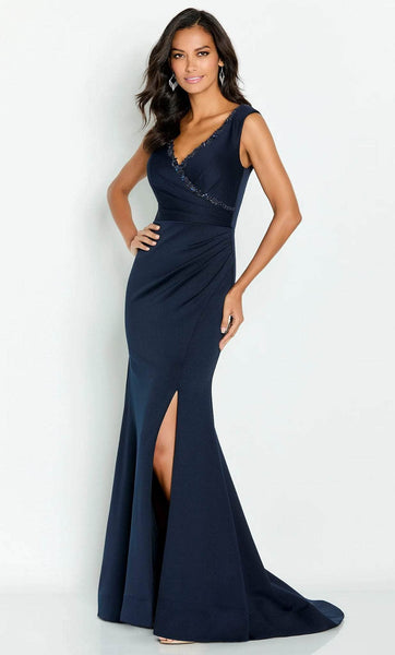 V-neck Natural Waistline Open-Back Ruched Slit Pleated Crepe Beaded Trim Sleeveless Mermaid Evening Dress with a Brush/Sweep Train