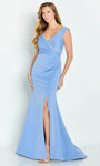 V-neck Beaded Trim Natural Waistline Slit Pleated Ruched Open-Back Crepe Mermaid Sleeveless Evening Dress with a Brush/Sweep Train