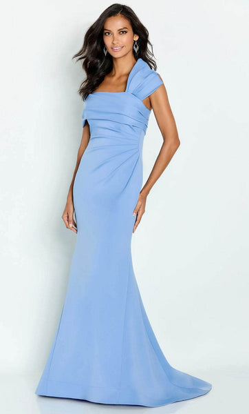 Ruched Draped Wrap Asymmetric Crepe Mermaid Natural Waistline One Shoulder Evening Dress with a Brush/Sweep Train