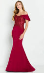 Crepe Basque Waistline Short Mermaid Off the Shoulder Spaghetti Strap Draped Embroidered Fall Evening Dress with a Brush/Sweep Train With Rhinestones