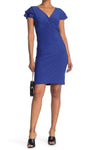 V-neck Ruched Empire Waistline Sheath Cocktail Above the Knee Cap Flutter Sleeves Sheath Dress