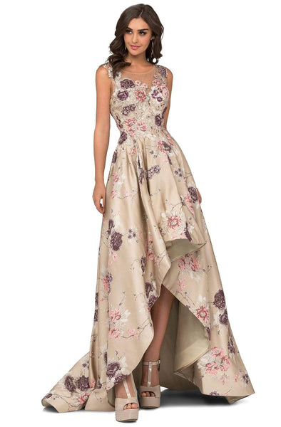 High-Low-Hem Floral Print Natural Waistline Sequined Sheer Fitted Illusion Applique Pleated Sheer Back Sleeveless Scoop Neck Dress with a Brush/Sweep Train