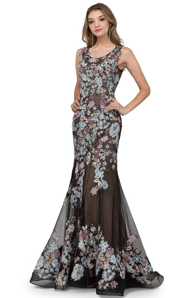 Scoop Neck Floral Print Sleeveless Fitted Sheer Embroidered Applique Fit-and-Flare Mermaid Natural Waistline Evening Dress with a Brush/Sweep Train