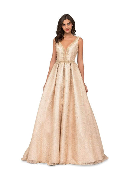 A-line V-neck Floor Length Full-Skirt Natural Princess Seams Waistline Sleeveless Beaded Illusion Fitted V Back Mesh Plunging Neck Dress With Pearls