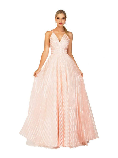A-line V-neck Fitted Sheer Cutout Bandeau Neck Natural Waistline Striped Print Sleeveless Satin Floor Length Dress With a Bow(s)