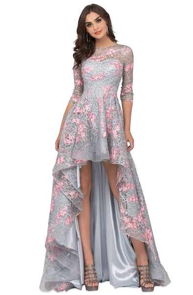 Sophisticated A-line 3/4 Sleeves Floral Print Fitted Applique High-Low-Hem High-Neck Evening Dress