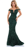 Off the Shoulder Natural Waistline Mermaid Plunging Neck Floor Length Sequined Fitted Sheer Evening Dress with a Brush/Sweep Train