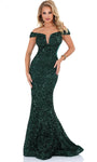 Sequined Fitted Sheer Off the Shoulder Mermaid Floor Length Plunging Neck Natural Waistline Evening Dress with a Brush/Sweep Train