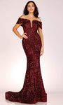 Plunging Neck Mermaid Off the Shoulder Natural Waistline Sequined Sheer Fitted Floor Length Evening Dress with a Brush/Sweep Train