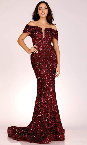 Natural Waistline Plunging Neck Floor Length Sheer Fitted Sequined Off the Shoulder Mermaid Evening Dress with a Brush/Sweep Train