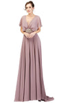 A-line V-neck Pleated Sheer V Back Gathered Plunging Neck Empire Waistline Dress with a Brush/Sweep Train