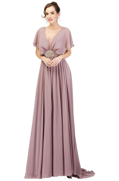 A-line V-neck Empire Waistline Plunging Neck V Back Pleated Gathered Sheer Dress with a Brush/Sweep Train