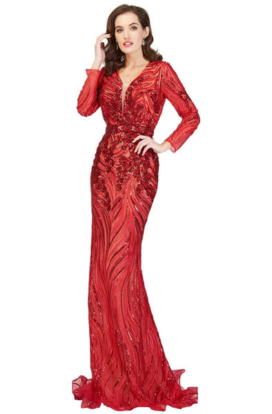 V-neck Floor Length Long Sleeves Plunging Neck Sheath Natural Waistline Cutout Sequined Sheer Fitted Sheath Dress/Evening Dress with a Brush/Sweep Train