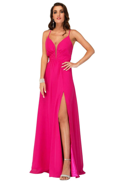 A-line V-neck Natural Waistline Open-Back Pleated Lace-Up Slit Sheer Fitted Plunging Neck Spaghetti Strap Dress with a Brush/Sweep Train