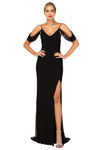 Sexy V-neck Sheath Cold Shoulder Sleeves Back Zipper Slit Fitted Open-Back Beaded Natural Waistline Sheath Dress with a Brush/Sweep Train