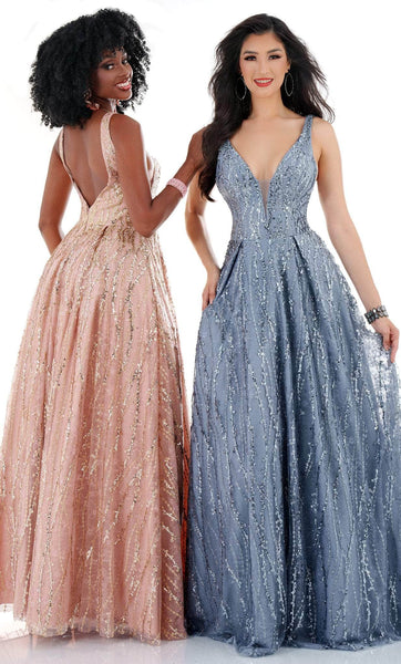 Sophisticated A-line V-neck Natural Waistline Sleeveless Fitted Glittering Back Zipper Sequined Open-Back Sheer Plunging Neck Prom Dress