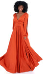 A-line V-neck Slit Ruched Empire Waistline Plunging Neck Long Sleeves Prom Dress