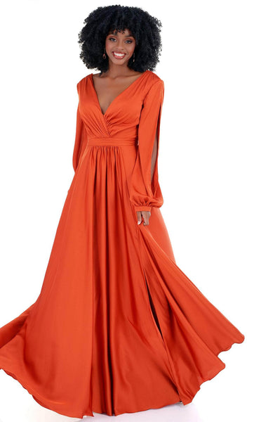 A-line V-neck Empire Waistline Plunging Neck Long Sleeves Slit Ruched Prom Dress