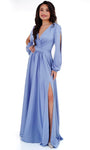 A-line V-neck Plunging Neck Slit Ruched Empire Waistline Long Sleeves Prom Dress