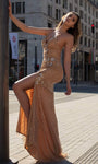 V-neck Sheath Slit Beaded Back Zipper Spaghetti Strap Natural Waistline Sheath Dress with a Brush/Sweep Train