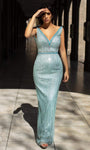 V-neck Floor Length Sheath Sleeveless Backless Sequined Beaded Slit Back Zipper Natural Waistline Sheath Dress/Prom Dress