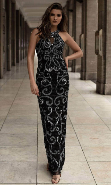 Sophisticated Sleeveless Cocktail Floor Length Fitted Cutout Sequined Slit Beaded Racerback Keyhole Back Zipper Natural Waistline Halter Sheath Sheath Dress/Evening Dress/Prom Dress