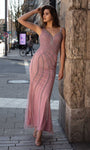 V-neck Plunging Neck Open-Back Jeweled Back Zipper Beaded Natural Waistline Floor Length Sheath Sheath Dress/Prom Dress