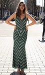 V-neck Chevron Print Floor Length Sheath Plunging Neck Natural Waistline Back Zipper Beaded Sleeveless Sheath Dress