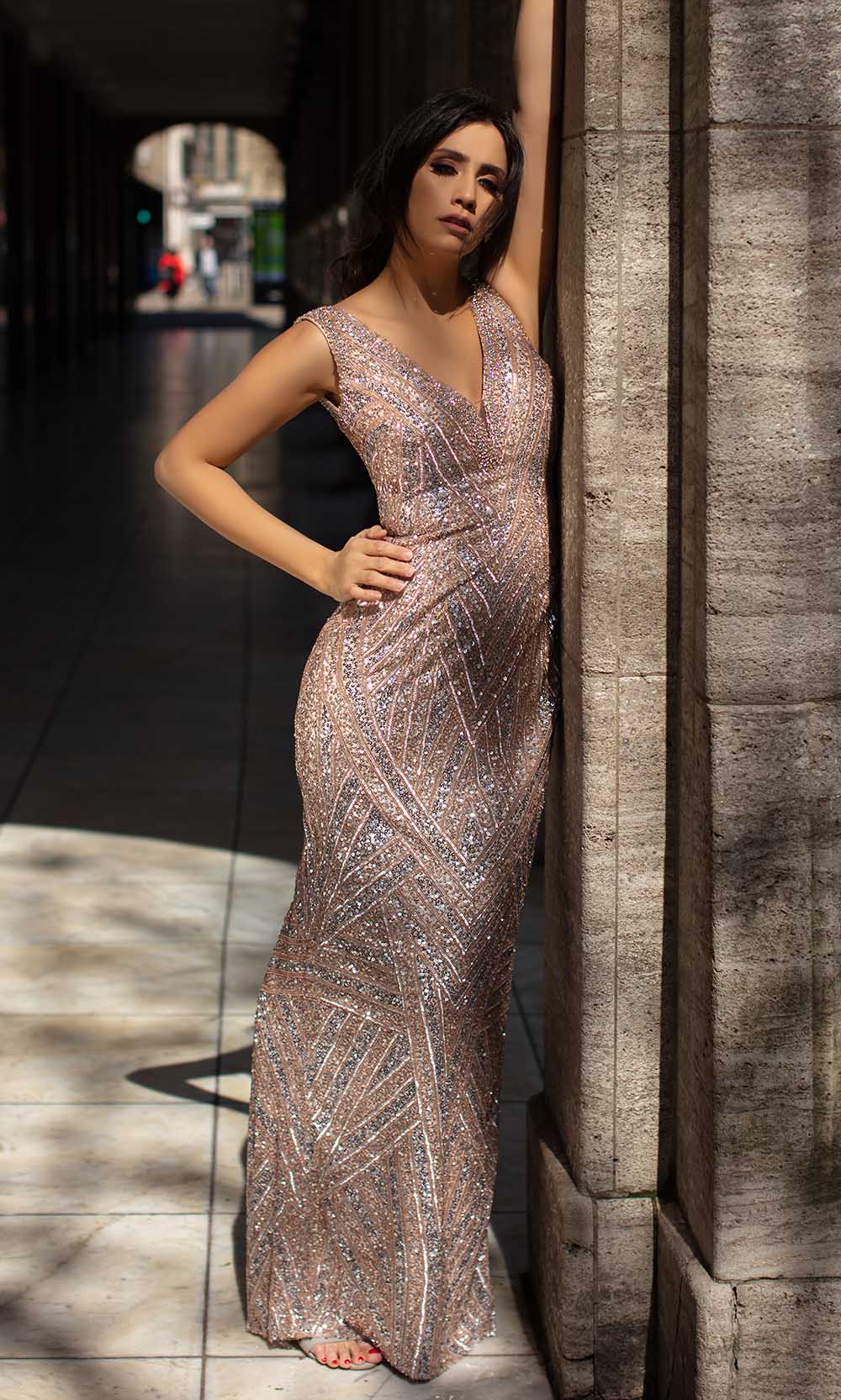 Chic and Holland - AN1430 Beaded Back Slit Sheath Dress
