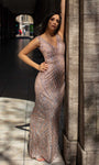 V-neck Natural Waistline Plunging Neck Sheath Floor Length Sleeveless Slit Backless Beaded Fitted Back Zipper Sequined Sheath Dress