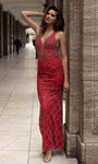 V-neck Sleeveless Sheath Plunging Neck Natural Waistline Back Zipper Beaded Sequined Floor Length Sheath Dress/Evening Dress/Prom Dress