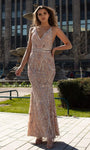 V-neck Glittering Beaded Open-Back Floor Length Sleeveless Natural Waistline Sheath Sheath Dress/Prom Dress