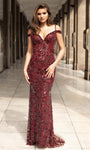 Sequined V Back Fitted Cold Shoulder Sleeves Off the Shoulder Sheath Floor Length Natural Waistline Sheath Dress/Evening Dress with a Brush/Sweep Train