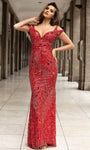 Natural Waistline V Back Sequined Fitted Sweetheart Floor Length Sheath Cold Shoulder Sleeves Sheath Dress/Evening Dress with a Brush/Sweep Train
