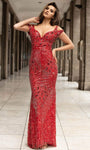 Fitted Sequined V Back Natural Waistline Sheath Cold Shoulder Sleeves Floor Length Sweetheart Sheath Dress/Evening Dress with a Brush/Sweep Train