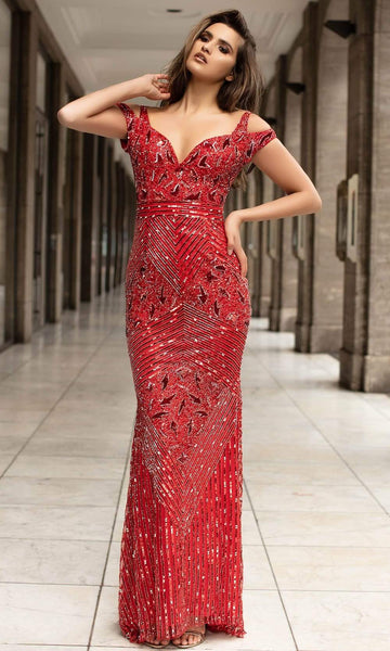 Fitted Sequined V Back Sheath Cold Shoulder Sleeves Natural Waistline Sweetheart Floor Length Sheath Dress/Evening Dress with a Brush/Sweep Train