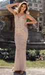 V-neck Sleeveless Sheath Natural Waistline Beaded Illusion Fitted Sequined Open-Back Back Zipper Plunging Neck Cocktail Floor Length Sheath Dress/Evening Dress/Prom Dress with a Brush/Sweep Train