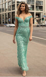 Modest Natural Waistline Sequined Beaded Belted Off the Shoulder Floor Length Sheath Sheath Dress/Evening Dress/Prom Dress