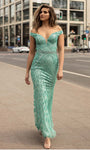 Modest Natural Waistline Sheath Floor Length Off the Shoulder Beaded Belted Sequined Sheath Dress/Evening Dress/Prom Dress