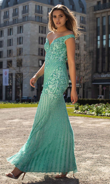 Modest Fitted V Back Sequined Natural Waistline Off the Shoulder Floor Length Sheath Sheath Dress/Prom Dress