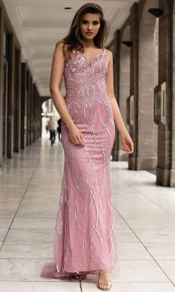 Sexy V-neck Sheath Natural Waistline Cocktail Floor Length Sleeveless Fitted Backless Back Zipper Open-Back Sequined Beaded Sheer Sheath Dress/Evening Dress/Prom Dress with a Brush/Sweep Train