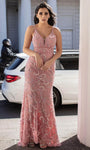 V-neck Cocktail Floor Length Natural Waistline Plunging Neck Backless Back Zipper Sheer Sequined Fitted Jeweled Beaded Sheath Sleeveless Sheath Dress/Evening Dress/Prom Dress with a Brush/Sweep Train