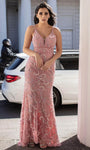 V-neck Plunging Neck Sleeveless Sheath Cocktail Floor Length Natural Waistline Jeweled Fitted Beaded Back Zipper Sequined Sheer Backless Sheath Dress/Evening Dress/Prom Dress with a Brush/Sweep Train