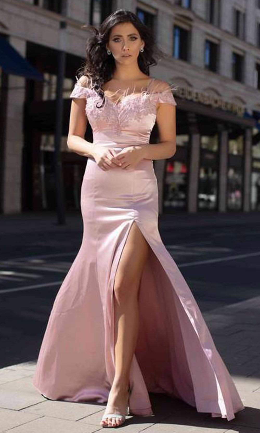 Chic and Holland - AN3010 Furry Off Shoulder Trumpet Modest Prom Gown
